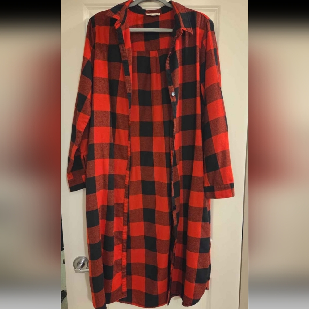 Plaid Longline Cardigan Sweater - Red and Black